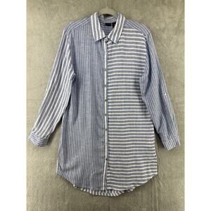 TAHARI Shirt Dress M Blue Linen Striped Collared Button Front Tab Long Sleeves